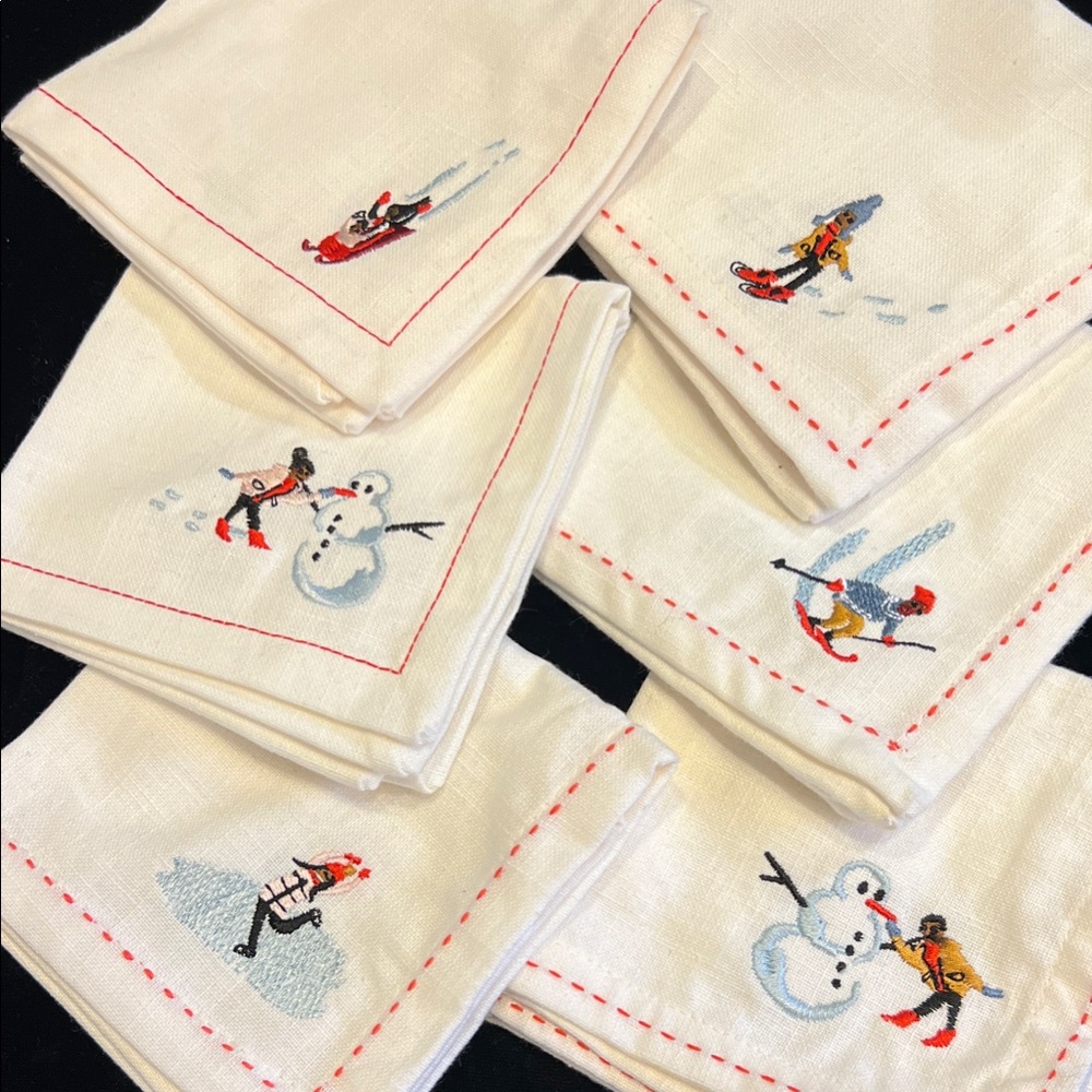 Winter Sports Embroidered Cocktail Napkins (x6)